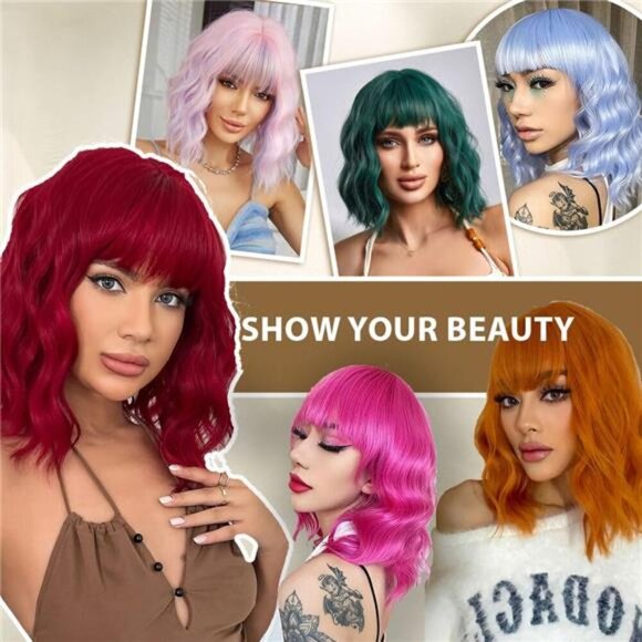 Rose mixed Purple Wig with Bangs Wavy Wigs for Women - Picture 3 of 5